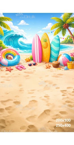 Tło fotograficzne „Kolorowe deski surfingowe i plażowe akcesoria – letnia ilustracja” | 4061